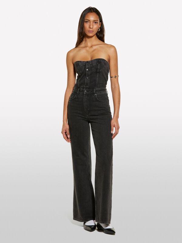 Tuta bustier di jeans nera - tute jumpsuit da donna | Sisley